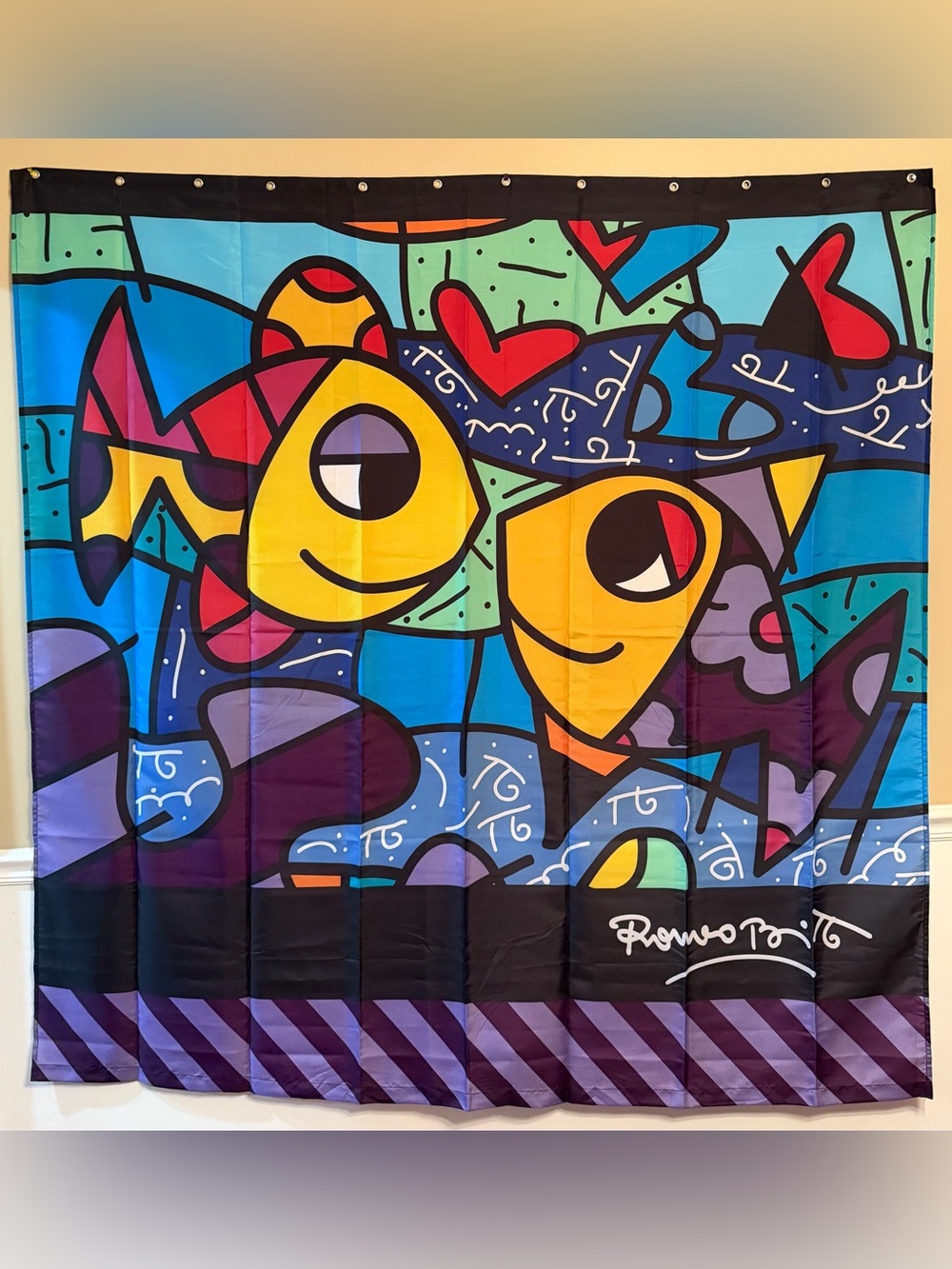 Romero Britto Shower Curtain Pop Art Fish Deeply In Love. 70x70 Retired Series